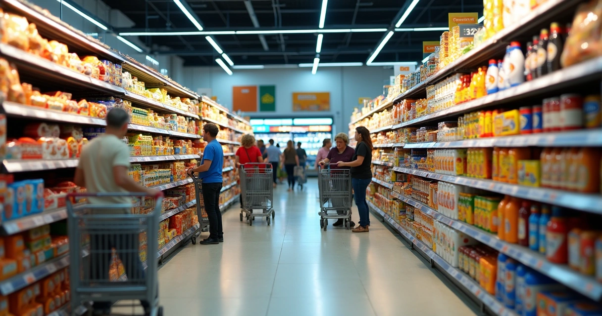 Corredor de supermercado com prateleiras cheias de produtos e consumidores comprando 