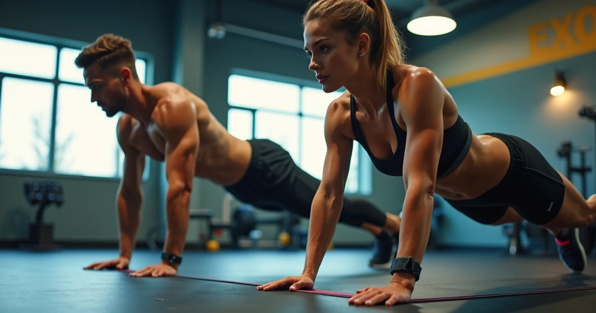 Duas pessoas em academia alternando exercícios de empurrar e puxar 