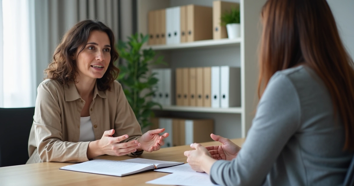 Profissional em supervisão clínica com anotações e conversa técnica