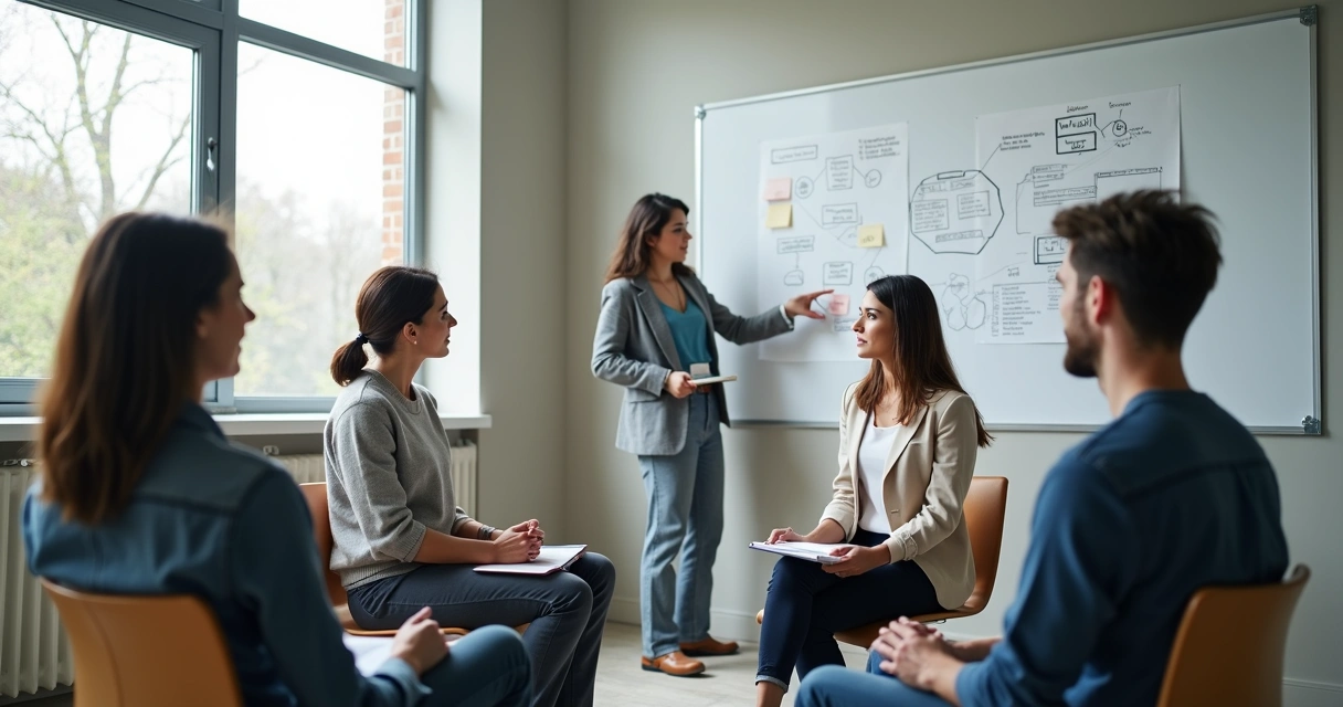 Profissionais em reunião de supervisão com mapas visuais 