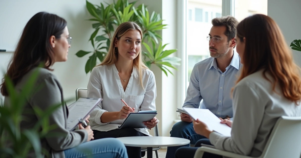 Profissionais de psicologia sentados em círculo discutindo caso clínico 