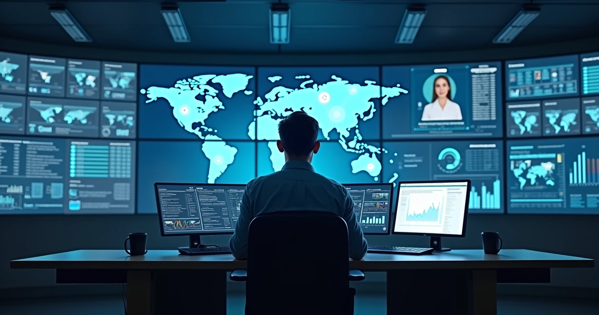 Supervisor monitora equipe híbrida com IA e humanos em telas digitais 