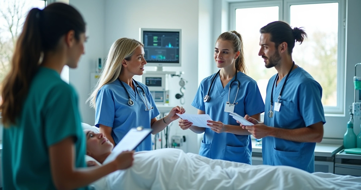Equipe médica em ambiente hospitalar em discussão ativa 