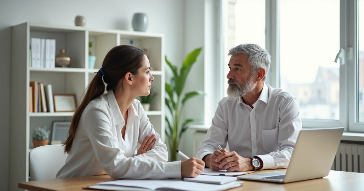 Psicóloga em supervisão com mentor avaliando casos clínicos em ambiente profissional 
