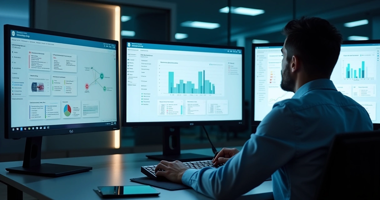 Profissional analisando tela de computador com indicadores de decisão da IA 