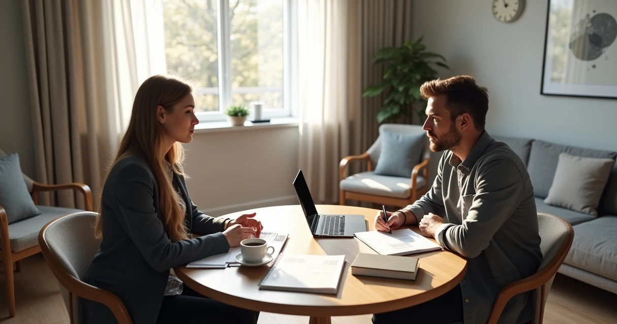 Dois psicólogos em consultório discutindo um caso clínico com anotações em mesa redonda 
