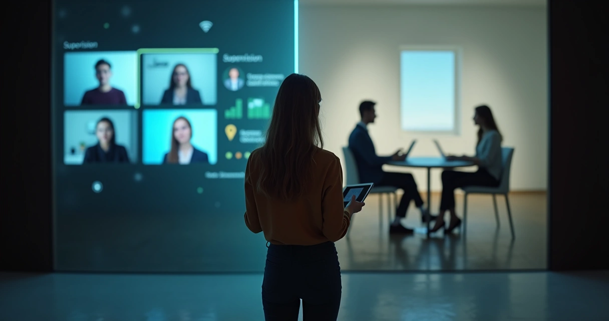 Psicóloga observando tela dividida entre supervisão online e presencial 