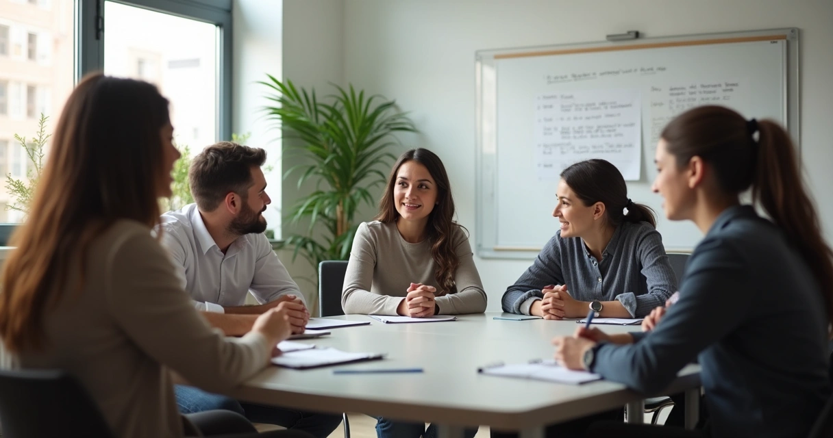 Supervisora e psicólogos em roda de conversa em sala presencial 