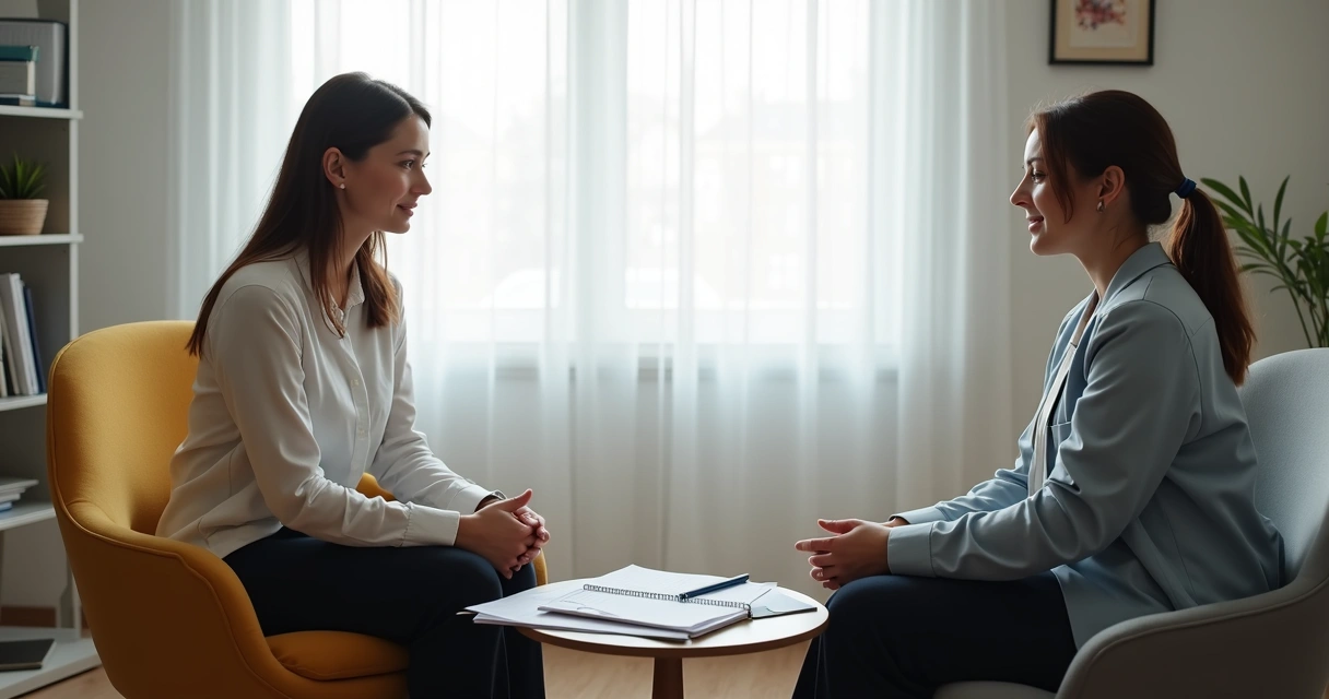 Supervisor e psicóloga em formação conversando sobre feedback em consultório 