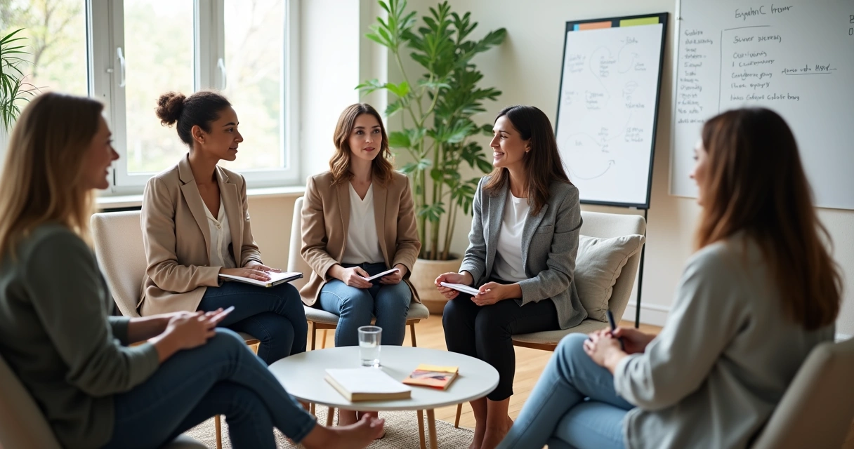 Psicólogos em roda de conversa fazendo supervisão reflexiva entre colegas 