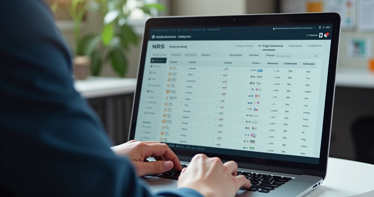 Gestor de recursos humanos revisando listas de treinamentos em um notebook com painéis de status do NR-13 na tela 