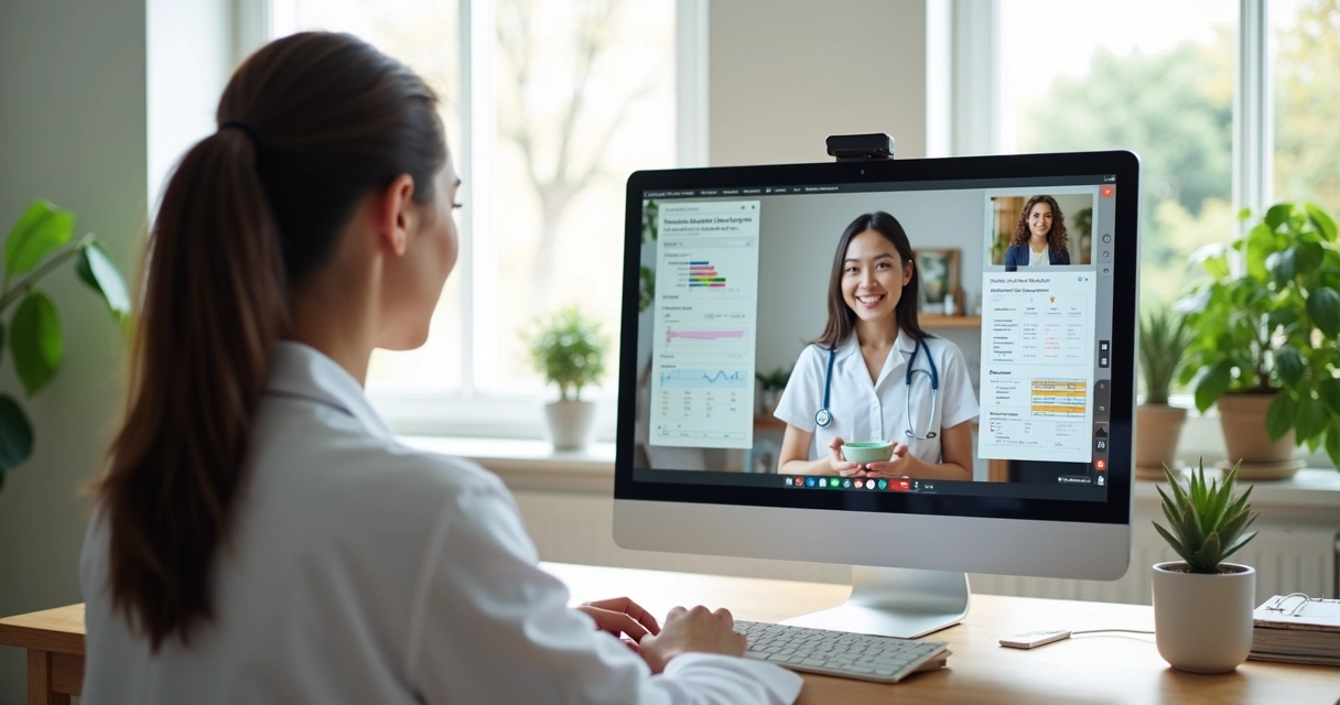 Supervisão online entre nutricionista e estagiária por videochamada em ambiente clarob