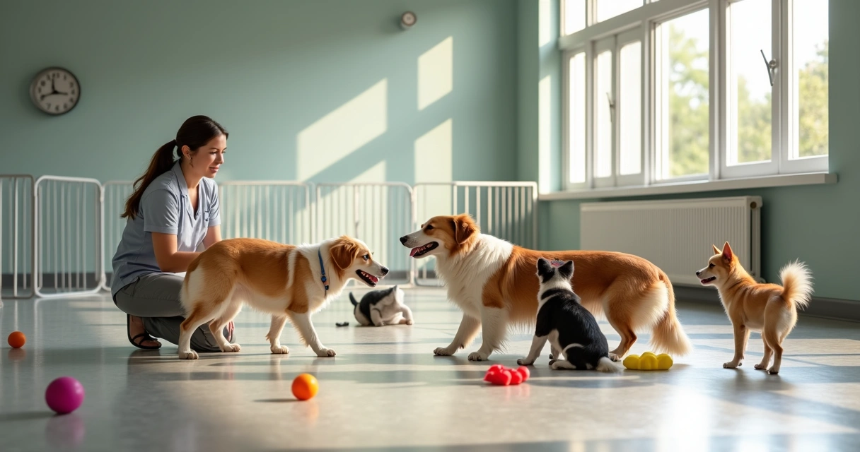 Group of dogs in a large indoor playroom with an attentive staff member supervising closely 