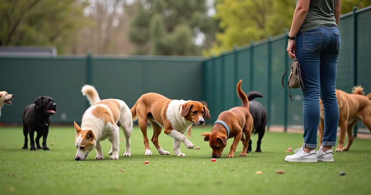 Staff member supervising small group of dogs in playyard 