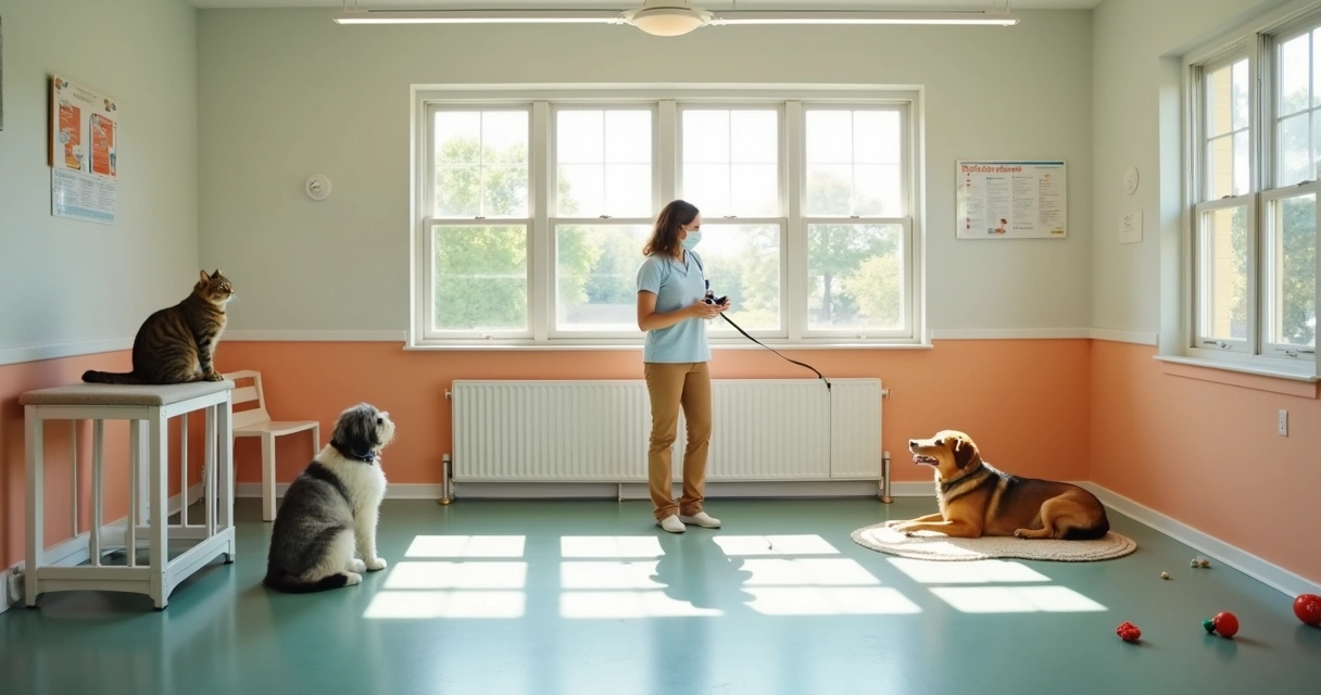Cat and dog relax in supervised playroom 