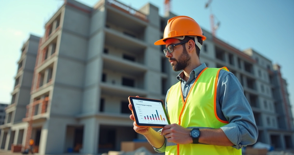 Supervisor em canteiro consultando relatório de EPI em tablet 