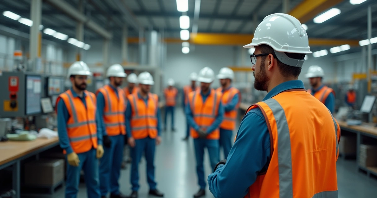 Supervisor monitora equipe em ambiente industrial com equipamentos de proteção