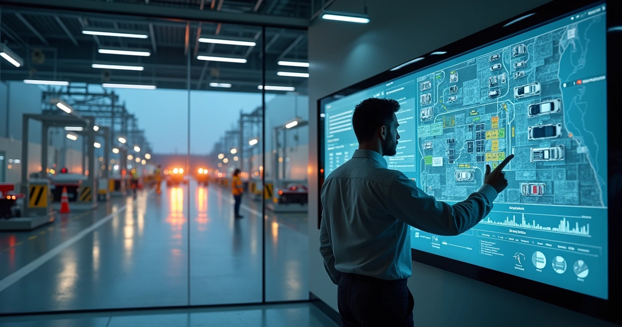 Supervisor conferindo mapa digital de pátio automotivo em tempo real em galpão iluminado 