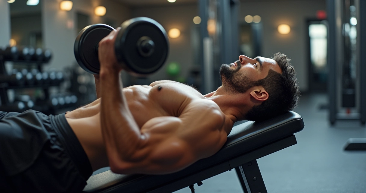 Atleta executando supino inclinado com halteres em banco ajustado na academia 