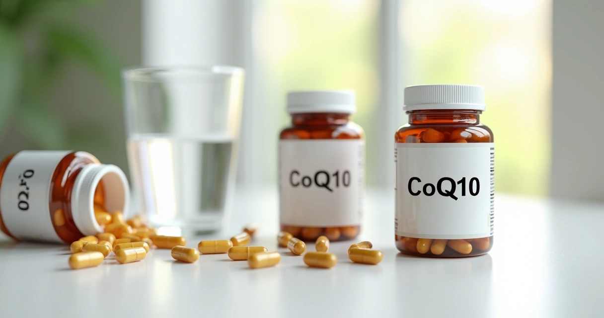Frascos de cápsulas de suplemento com rótulo escrito CoQ10, ao lado de um copo com água e fundo branco. 