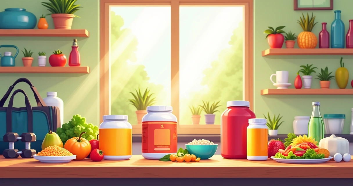 Mesa de cozinha com suplementos, frutas e vegetais, destacando a importância da alimentação saudável.