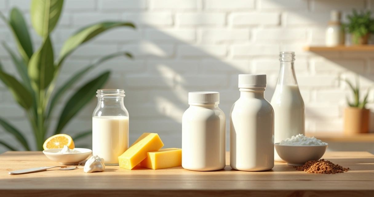 Frascos de suplemento de enzima lactase ao lado de alimentos que contêm lactose em uma mesa clara 