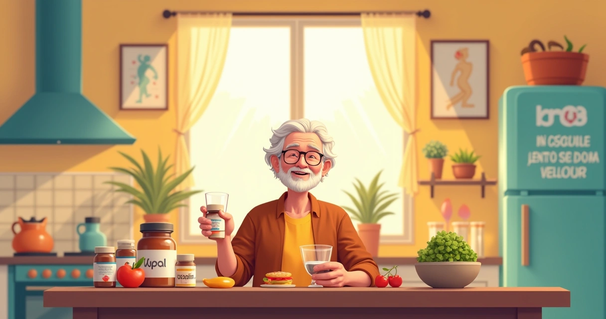 Pessoa idosa sorrindo com suplementos em uma cozinha iluminada, rodeada por frutas e uma refeição saudável.