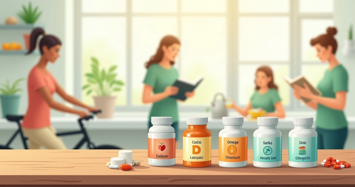 Ilustração de suplementos nutricionais em uma mesa de cozinha, com frascos etiquetados e cenas de saúde ao fundo.