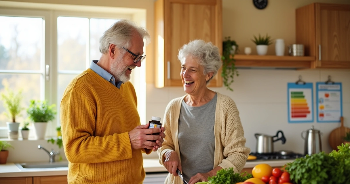 Seniores discutindo suplementos vitamínicos em uma cozinha ensolarada e vibrante.