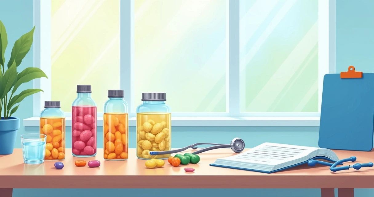 Suplementos vitamínicos ao lado de copo de água e cardápio 