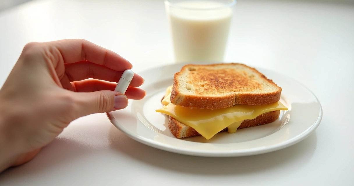 Cápsula de suplemento de lactase ao lado de um sanduíche com queijo 