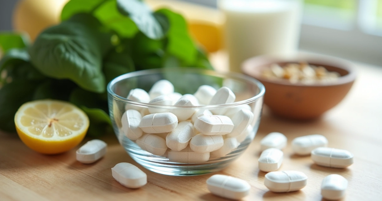 Comprimidos de magnésio ao lado de alimentos ricos em magnésio 