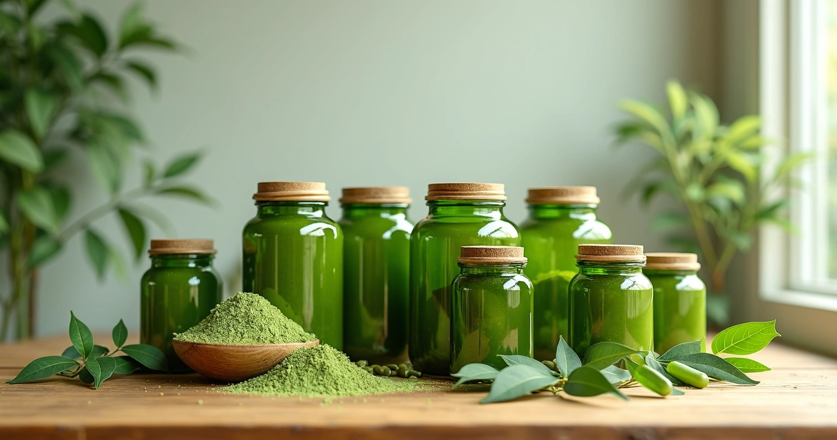 Potes de suplemento de moringa sobre mesa de madeira