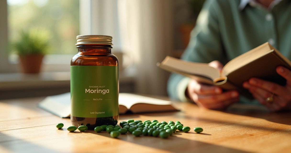 Suplemento de moringa próximo a idoso lendo 