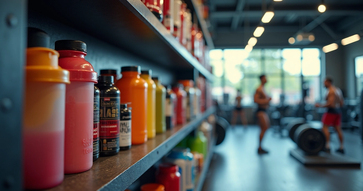 Variedade de suplementos fitness em prateleiras de academia 