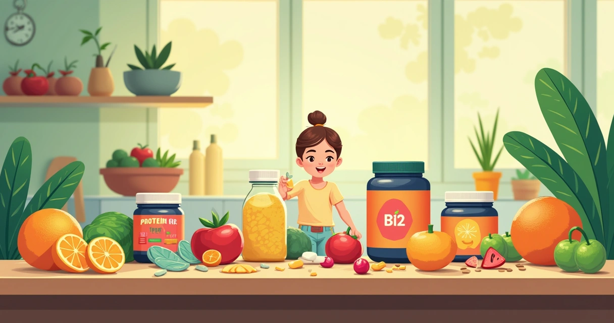 Representação de suplementos em uma mesa, com frascos, comida saudável e uma pessoa segurando um frasco de vitamina B12.