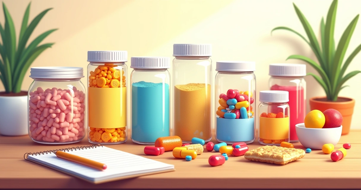 Countertop with various dietary supplements including capsules, powders, and energy bars in a cozy kitchen setting.