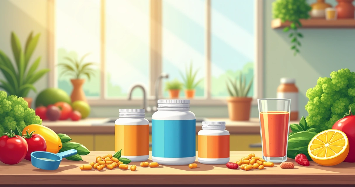 Suplementos alimentares em uma mesa de madeira com frutas e vegetais frescos ao fundo.