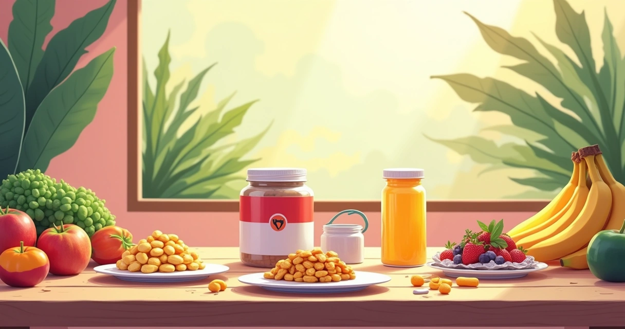 Diversos tipos de suplementos em um ambiente saudável, com potes, barras e frutas frescas ao fundo.