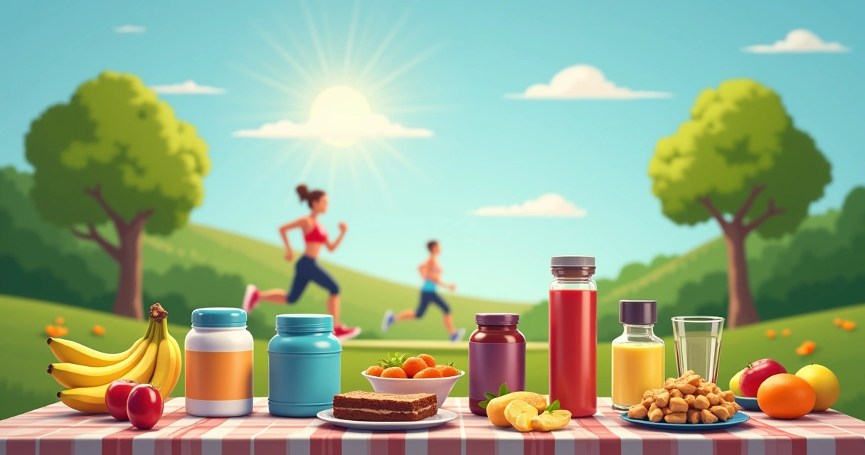 Mesa de picnic com frascos de suplementos ao ar livre, frutas e pessoa se exercitando ao fundo, céu azul.