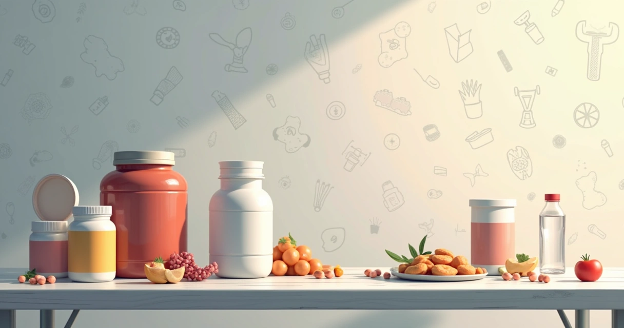 Table with supplements like creatine and whey protein, highlighting nutritional science.