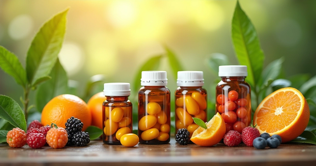 Frascos de suplementos naturais com frutas e plantas sobre mesa de madeira em ambiente iluminado 