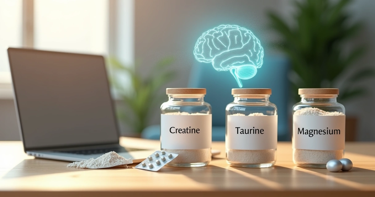 Mesa com suplementos e ilustração semitransparente de cérebro ao fundo 