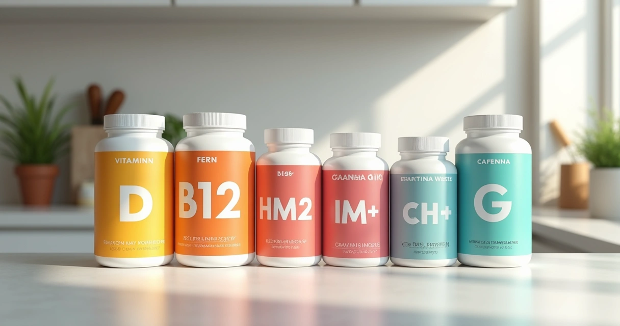 Vários potes de suplemento coloridos alinhados sobre bancada branca 