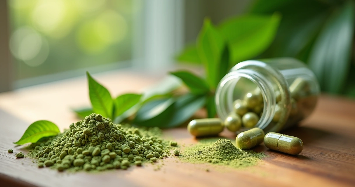 Suplementos naturais de moringa em cápsulas, pó e folhas frescas sobre mesa de madeira clara 