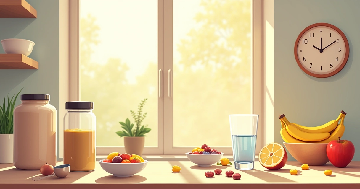 Mesa de cozinha com suplementos organizados e frutas ao fundo, simbolizando utilização de suplementos saudáveis.