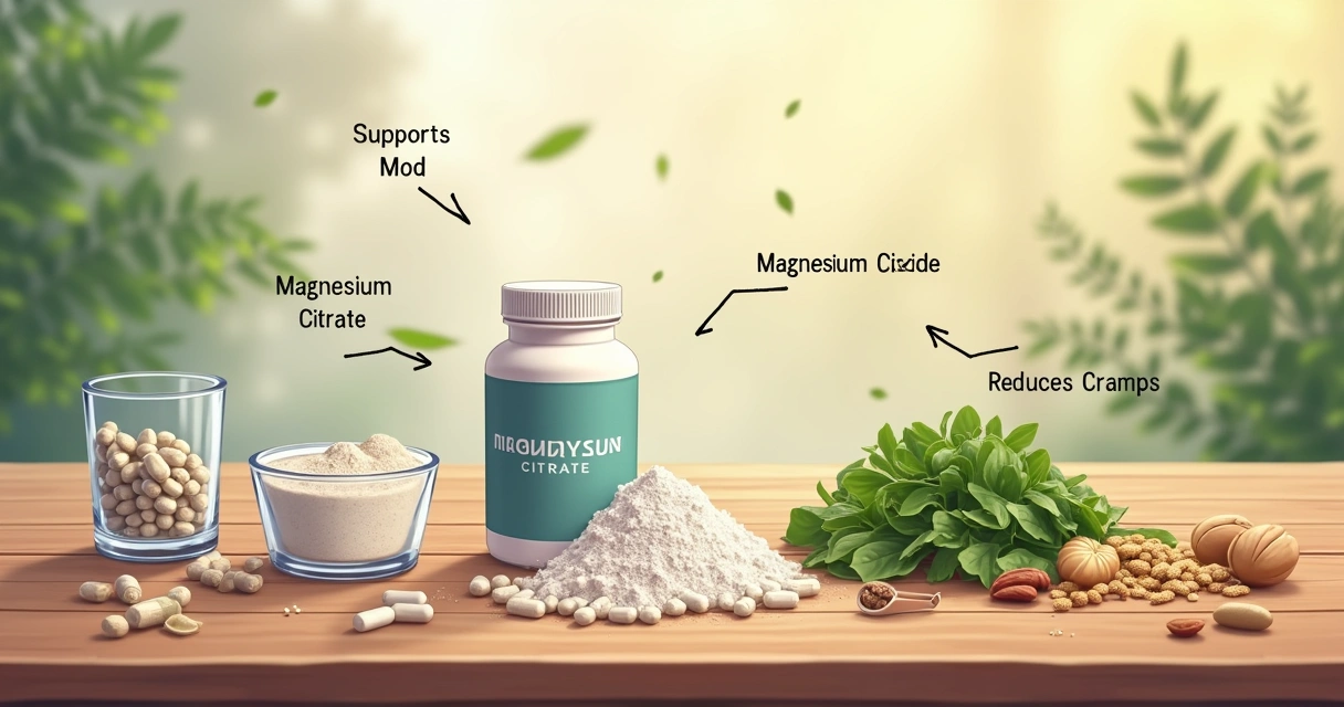 Várias formas de suplementos de magnésio em uma mesa de madeira com alimentos ricos em magnésio.
