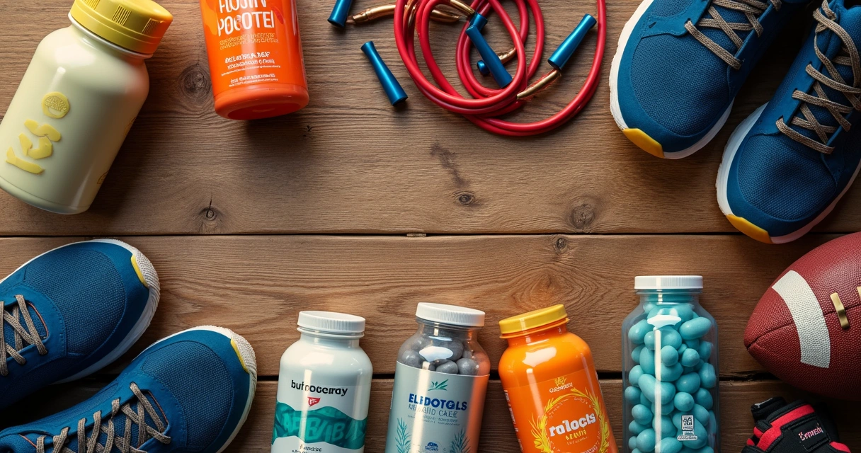 Diferentes tipos de suplementos esportivos dispostos em uma mesa ao lado de diferentes equipamentos esportivos 