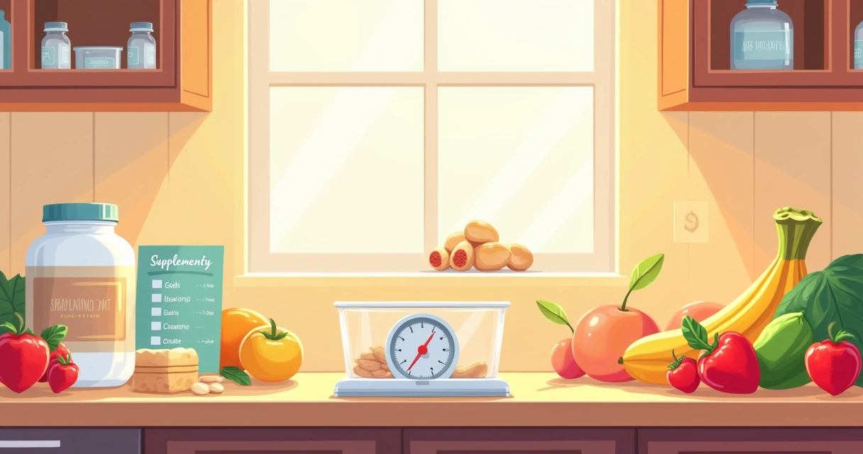 Ilustração de uma bancada de cozinha com suplementos e alimentos saudáveis, destacando objetivos fitness.