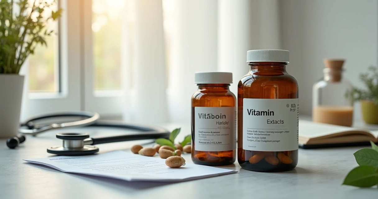 Frascos de suplementos e ervas em uma mesa médica